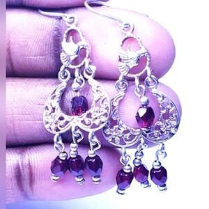 Floral With Faceted Garnet Bead Charms Dangle Sterling Silver Earrings